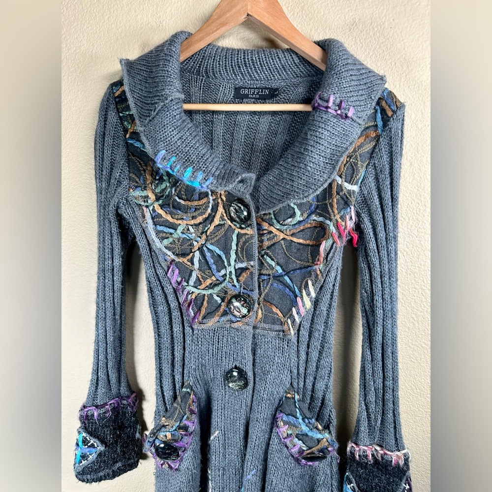 Grifflin Women’s Gray Knit Cardigan Sweater with Colorful Accents RARE - Picture 2 of 10